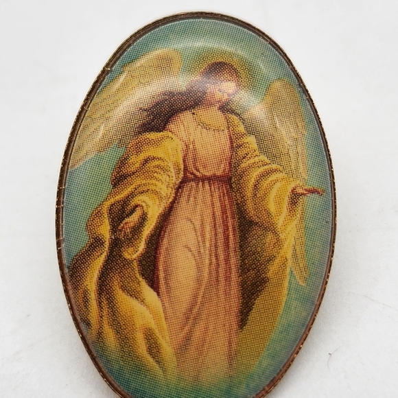 Victorian Jewelry - Vintage Victorian Guardian Angel Open Arms Enamel Oval Lapel Pin Religious Gift